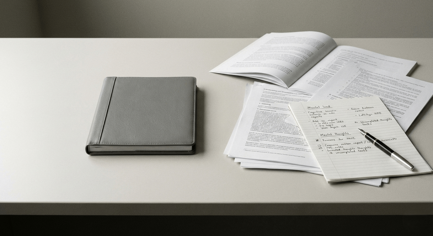 Imagen conceptual que representa saturación mental y desorden decisional en un contexto de trabajo organizado.