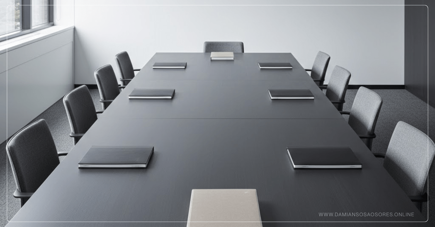 Espacio ejecutivo preparado para encuentros de decisión, con una mesa central y cuadernos cerrados que representan un campo de pensamiento y criterio compartido.