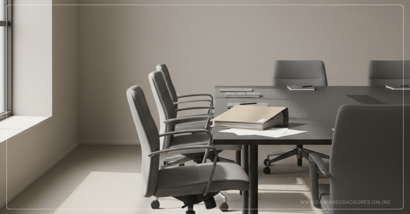 Espacio ejecutivo con elementos desplazados que representan la erosión silenciosa de la autoridad y el debilitamiento del rol decisional.