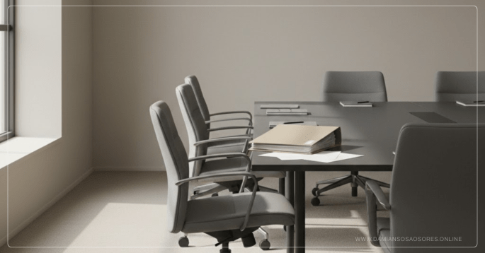 Espacio ejecutivo con elementos desplazados que representan la erosión silenciosa de la autoridad y el debilitamiento del rol decisional.