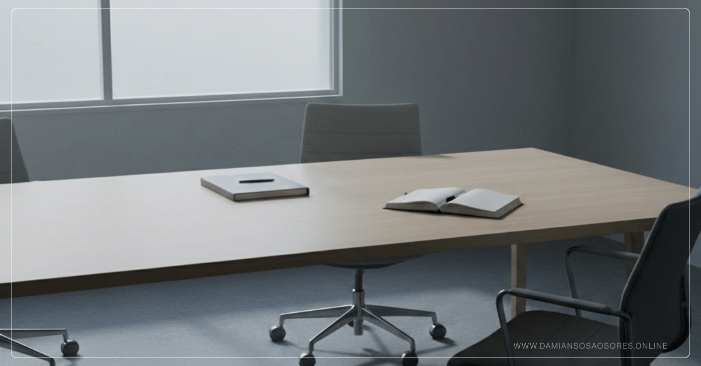 Espacio de trabajo ejecutivo con atmósfera densa y silenciosa que representa el clima generado por decisiones pendientes no resueltas.