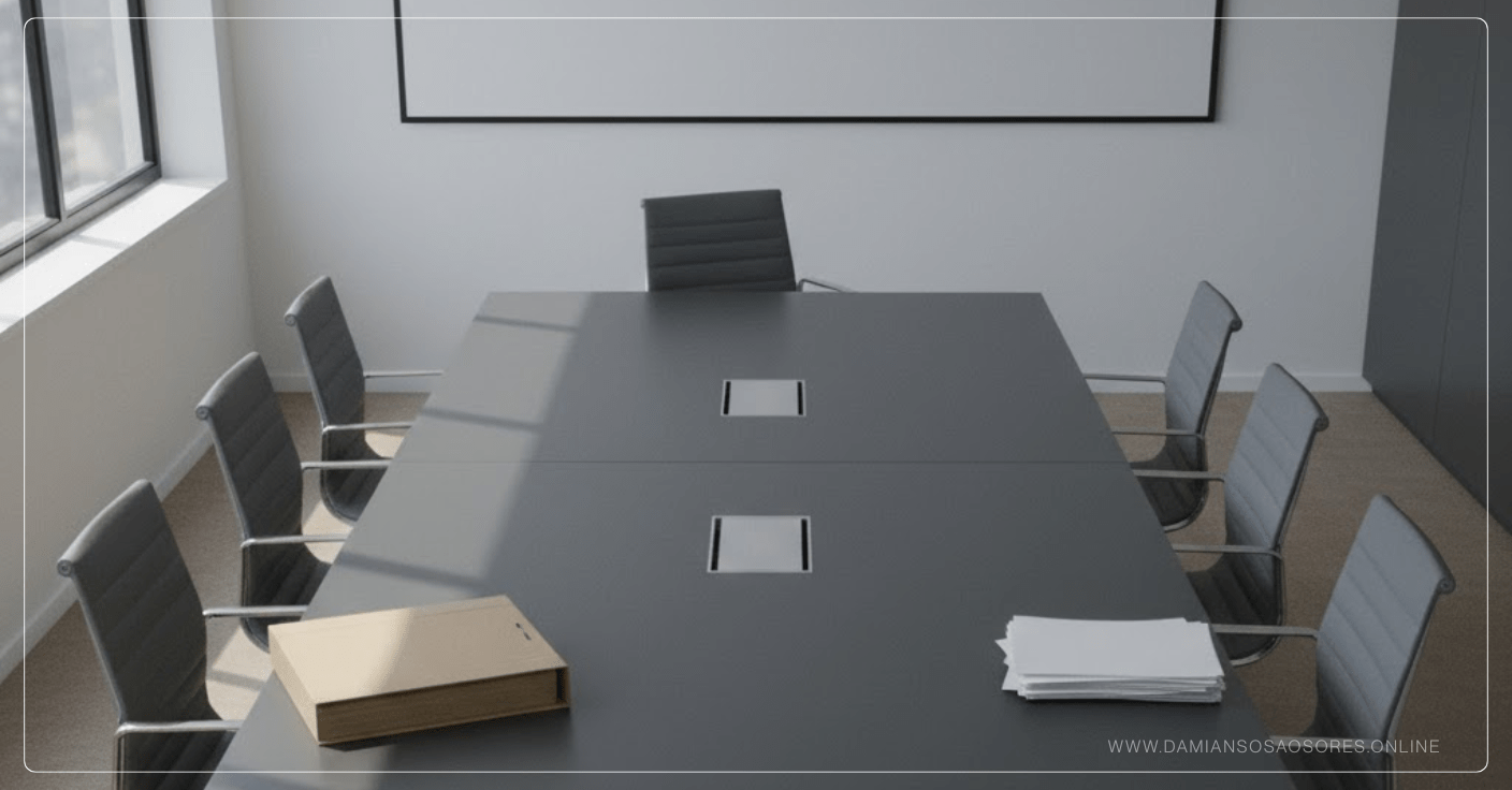 Espacio ejecutivo con el eje decisional desplazado, que representa cómo las decisiones no tomadas terminan reorganizando el sistema.