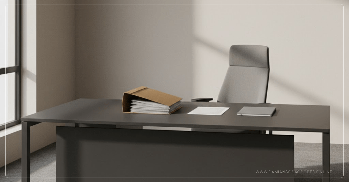 Espacio de trabajo ejecutivo con elementos parcialmente abiertos que representan el desgaste silencioso de sostener decisiones sin definir.