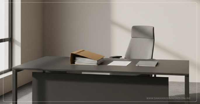 Espacio de trabajo ejecutivo con elementos parcialmente abiertos que representan el desgaste silencioso de sostener decisiones sin definir.