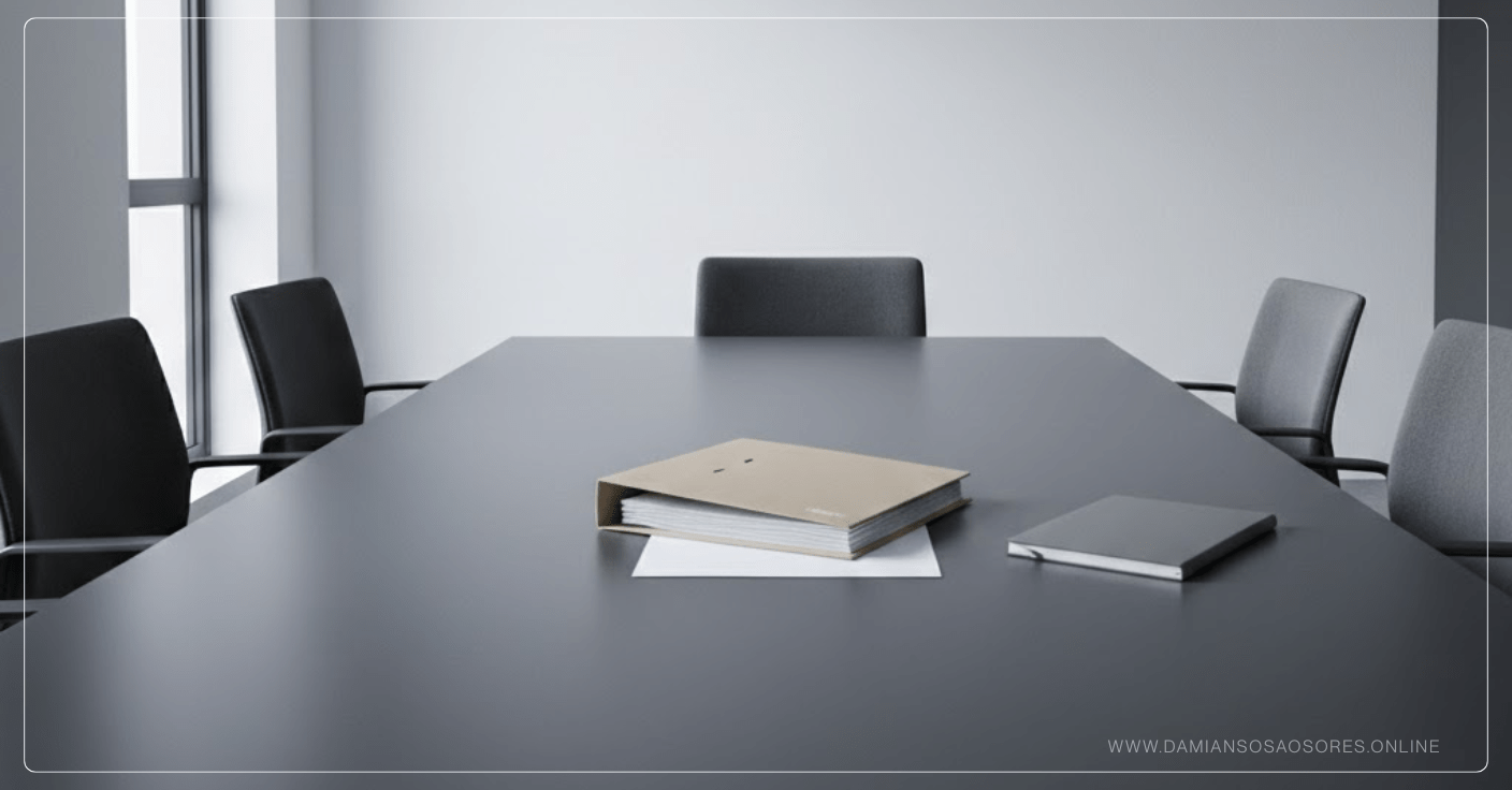 Espacio ejecutivo sobrio que representa un territorio de decisión bajo presión, con elementos firmes que sugieren criterio y límite.