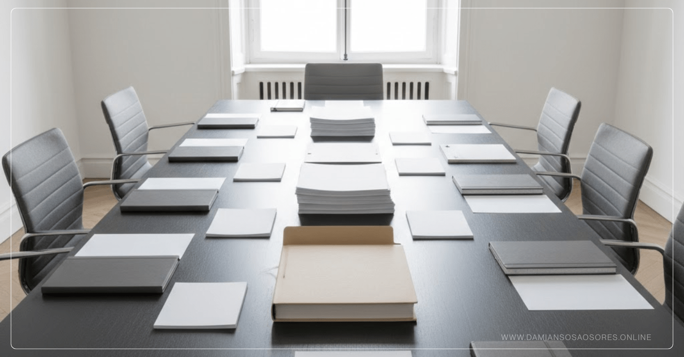 Mesa de trabajo ejecutiva con elementos alineados que representan un sistema de pensamiento y orden decisional bajo presión.