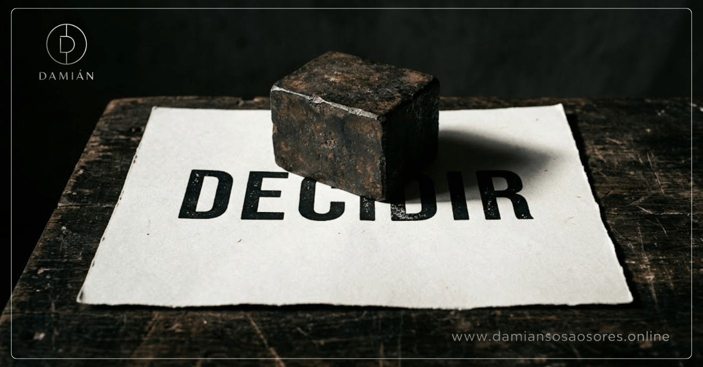 Hoja con la palabra “DECIDIR” cubierta parcialmente por un objeto pesado que la mantiene inmóvil.