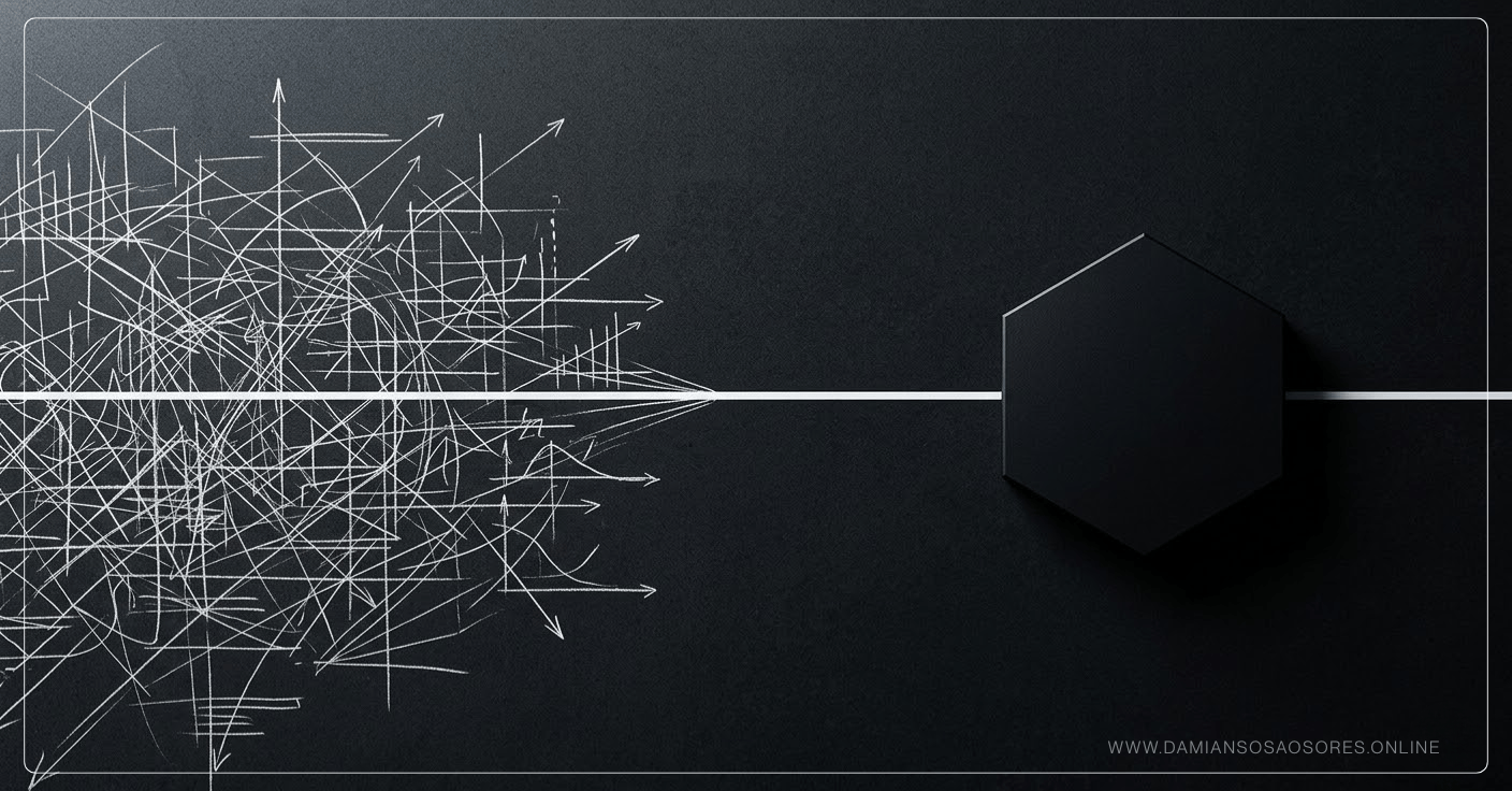 Superficie oscura dividida por una línea recta: a un lado aparecen múltiples trazos desordenados y al otro un espacio limpio con una figura geométrica cerrada.