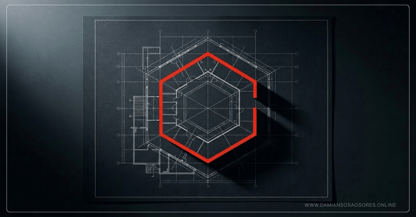 Plano arquitectónico en blanco y negro con una línea roja gruesa que queda inconclusa antes de cerrar una figura geométrica, generando tensión visual.