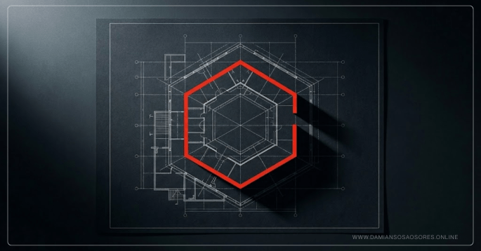 Plano arquitectónico en blanco y negro con una línea roja gruesa que queda inconclusa antes de cerrar una figura geométrica, generando tensión visual.