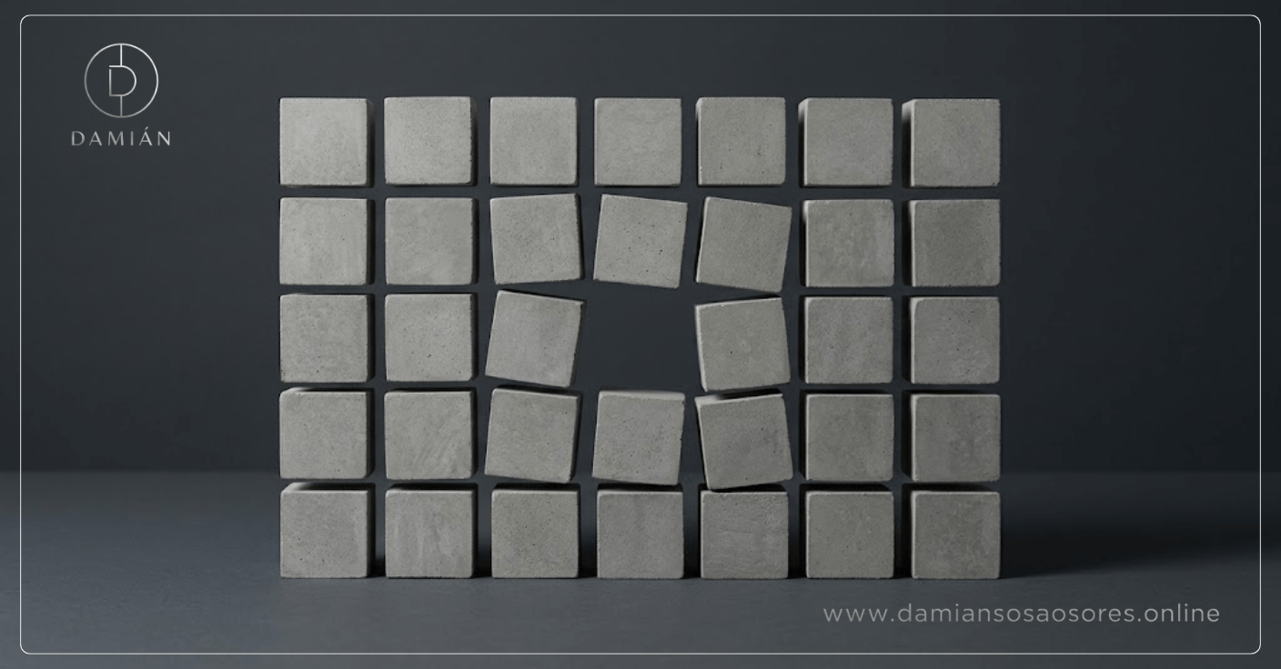 Estructura ordenada de módulos iguales reacomodados alrededor de una ausencia central, mostrando una desviación silenciosa en el sistema.