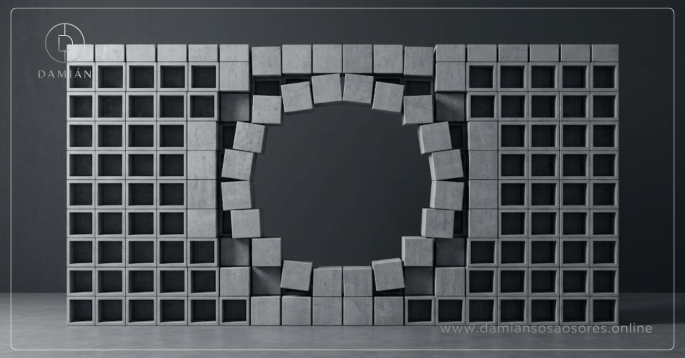 Estructura modular ordenada adaptada alrededor de un vacío central, mostrando un sistema que funciona sin completar su diseño original.