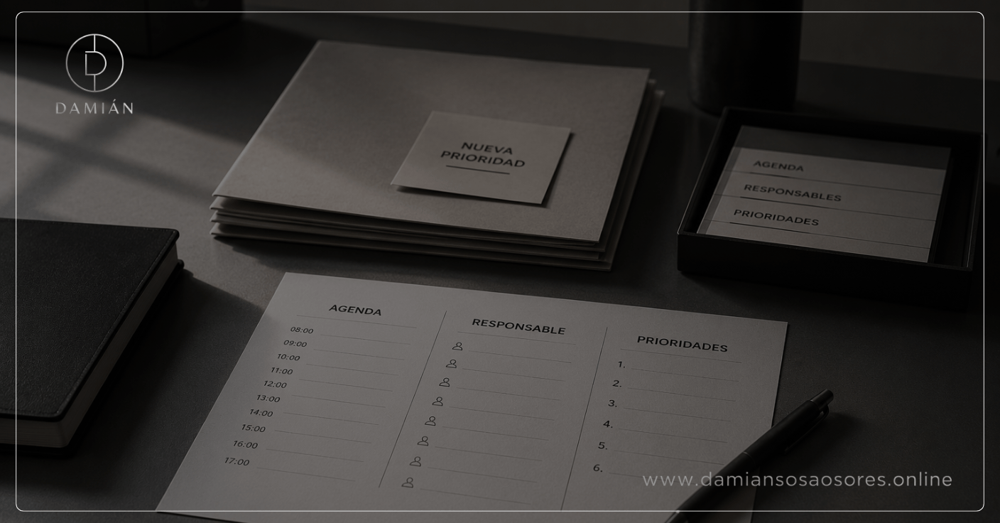 Escritorio ejecutivo con una hoja dividida en agenda, responsables y prioridades, junto a una carpeta marcada como nueva prioridad, representando una decisión que necesita reorganizar el trabajo para poder ejecutarse.