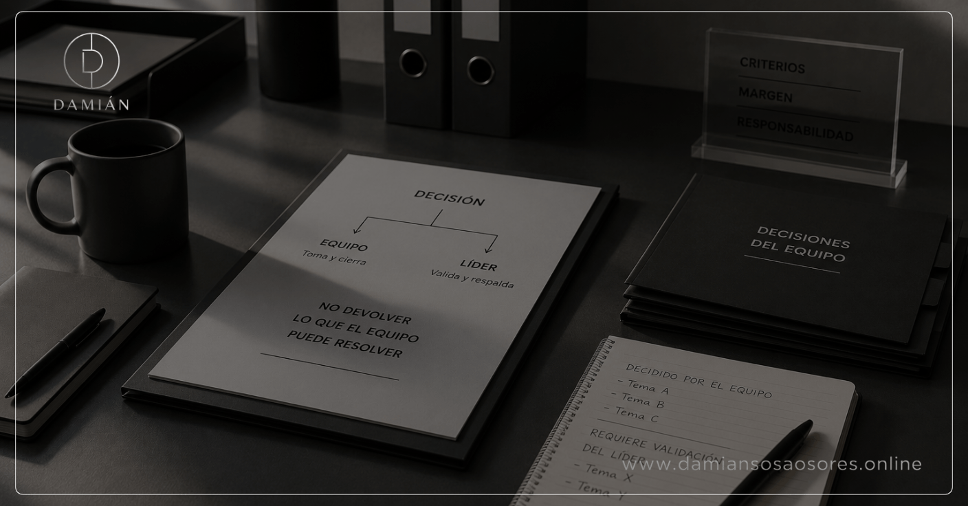 Escritorio ejecutivo con un esquema de decisión dividido entre equipo y líder, junto a una carpeta de decisiones del equipo y notas que indican validación pendiente, representando una autonomía que todavía vuelve al rol central.