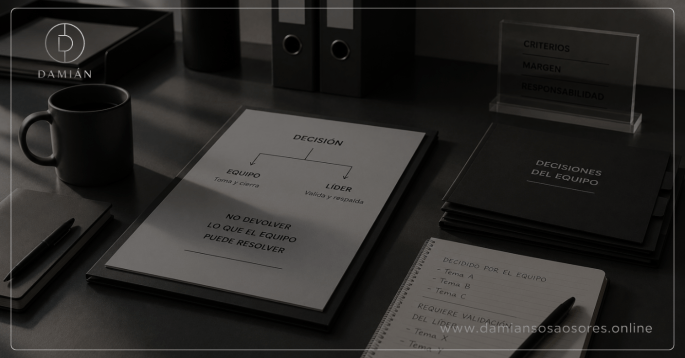 Escritorio ejecutivo con un esquema de decisión dividido entre equipo y líder, junto a una carpeta de decisiones del equipo y notas que indican validación pendiente, representando una autonomía que todavía vuelve al rol central.