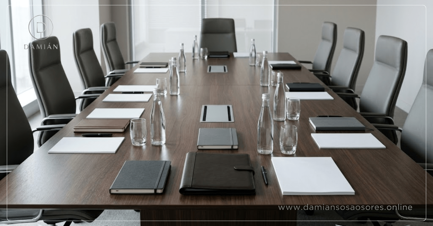 Mesa de reunión vacía con cuadernos cerrados y una agenda intacta, representando una conversación que no produjo cambios operativos.