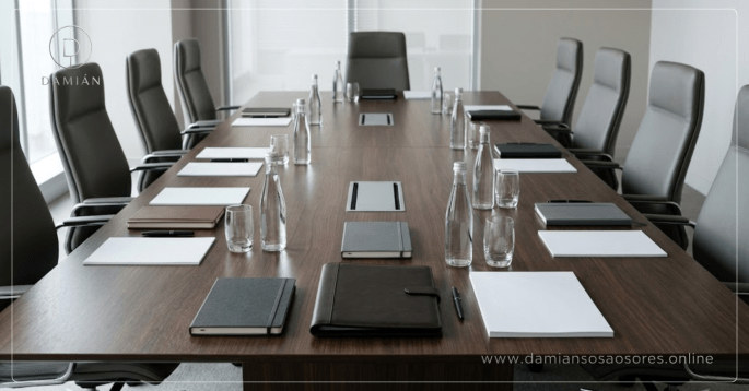 Mesa de reunión vacía con cuadernos cerrados y una agenda intacta, representando una conversación que no produjo cambios operativos.