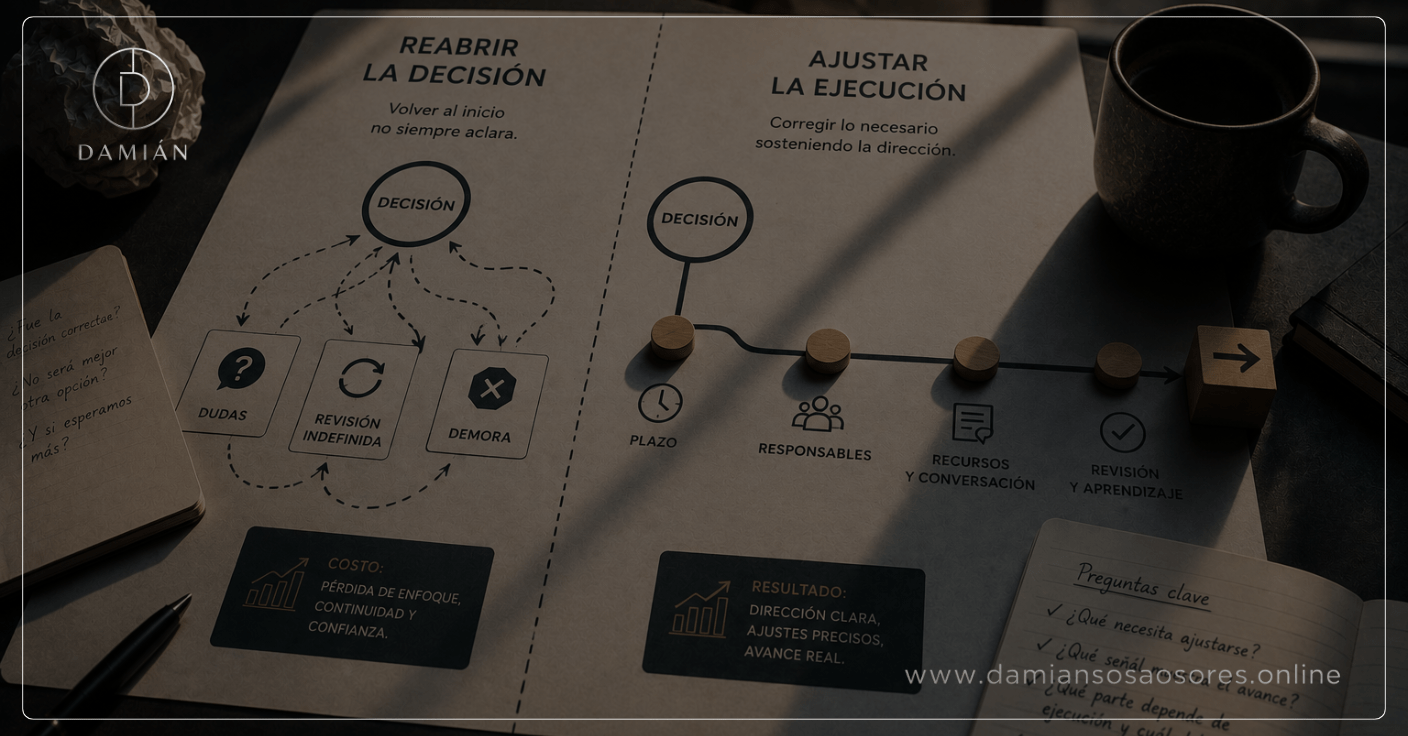 Mesa ejecutiva con una estructura de trabajo que mantiene su dirección mientras una pieza lateral se reajusta, representando una decisión que continúa vigente aunque la ejecución necesite correcciones.