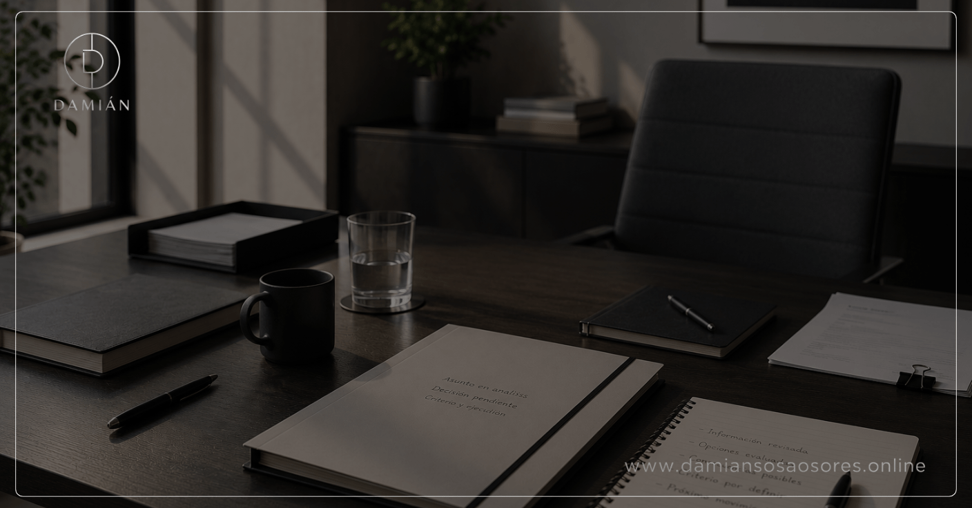 Escritorio ejecutivo vacío con cuadernos, documentos, una taza y un vaso de agua, iluminado por la luz de la mañana, representando una pausa que no modifica las condiciones del trabajo.
