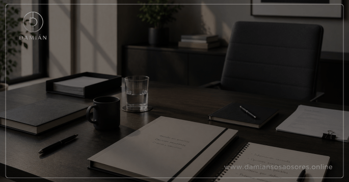 Escritorio ejecutivo vacío con cuadernos, documentos, una taza y un vaso de agua, iluminado por la luz de la mañana, representando una pausa que no modifica las condiciones del trabajo.