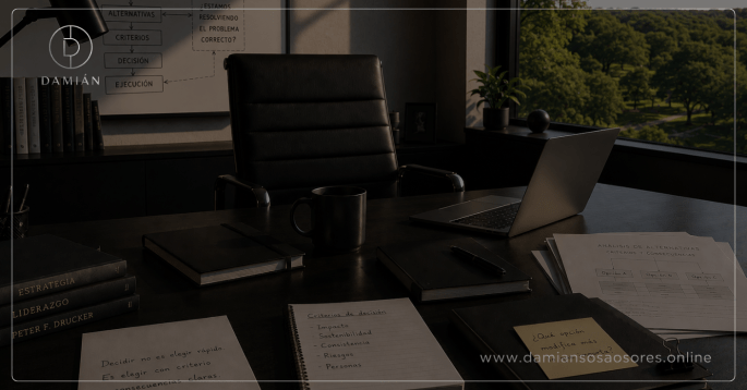 Oficina ejecutiva con escritorio, documentos de análisis, cuadernos de criterios, una computadora abierta y vista elevada hacia un parque arbolado, representando la supervisión humana de una decisión asistida por inteligencia artificial.