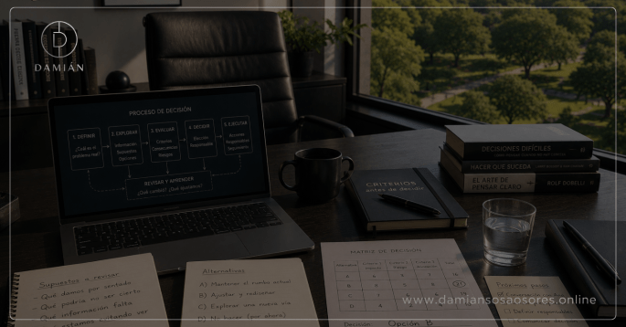 Escritorio ejecutivo con una computadora que muestra un proceso de decisión asistido por inteligencia artificial, cuadernos con supuestos y alternativas, una matriz de decisión y una vista elevada hacia un parque arbolado.