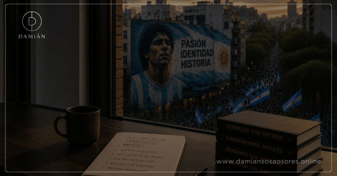 Escritorio junto a una ventana con un cuaderno de criterios, una taza y libros, frente a una celebración argentina con banderas y un mural futbolístico, representando la necesidad de ordenar la emoción colectiva antes de decidir.