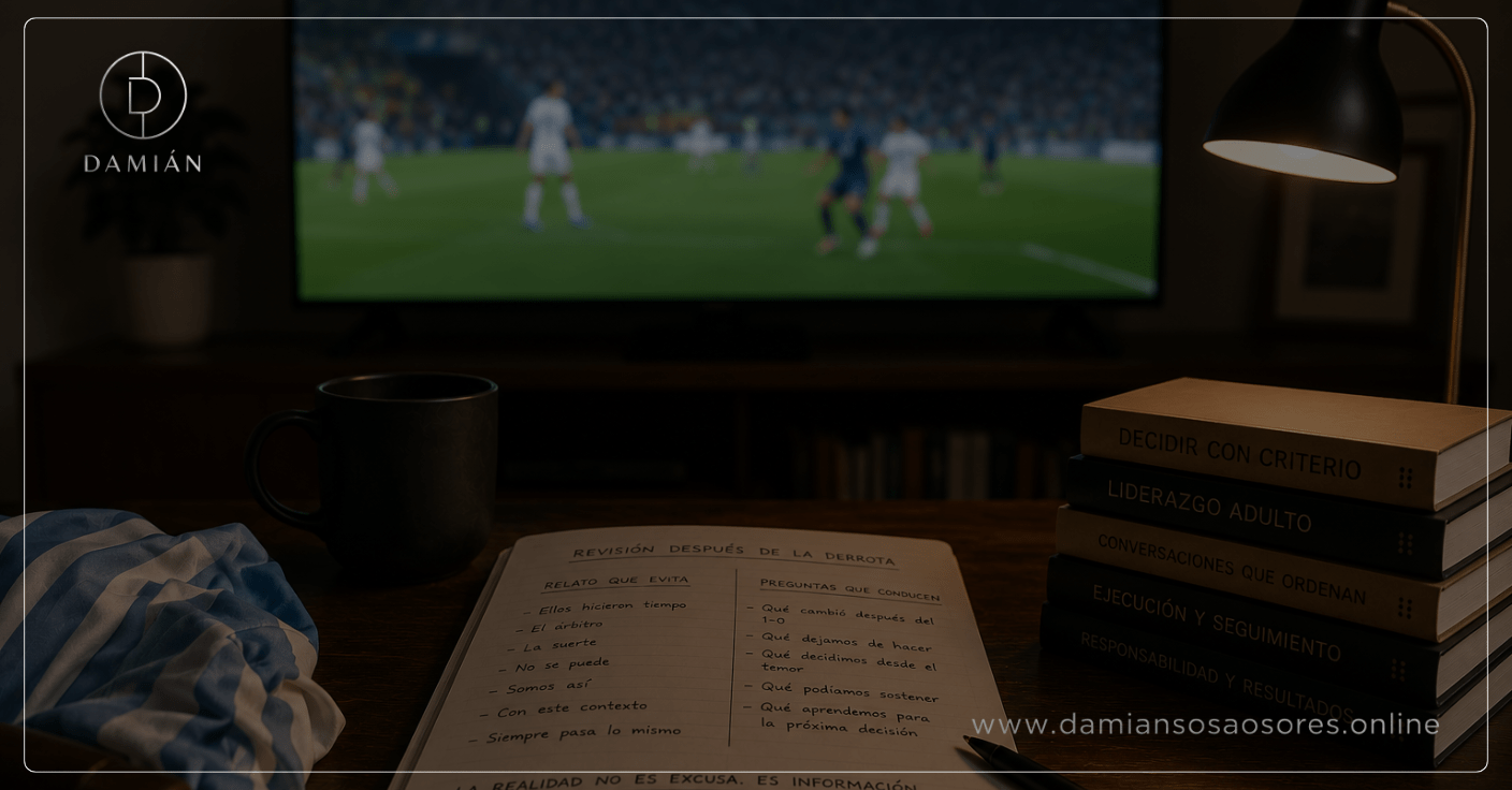 Escritorio de revisión con un cuaderno abierto, una taza y libros, frente a un televisor LED desenfocado que muestra el resultado de Argentina 2–Inglaterra 1, representando el análisis posterior a una derrota.