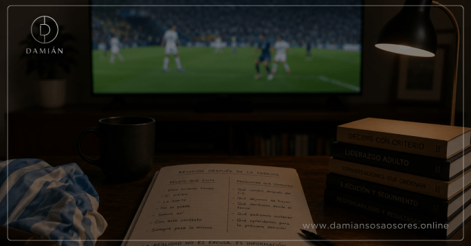 Escritorio de revisión con un cuaderno abierto, una taza y libros, frente a un televisor LED desenfocado que muestra el resultado de Argentina 2–Inglaterra 1, representando el análisis posterior a una derrota.