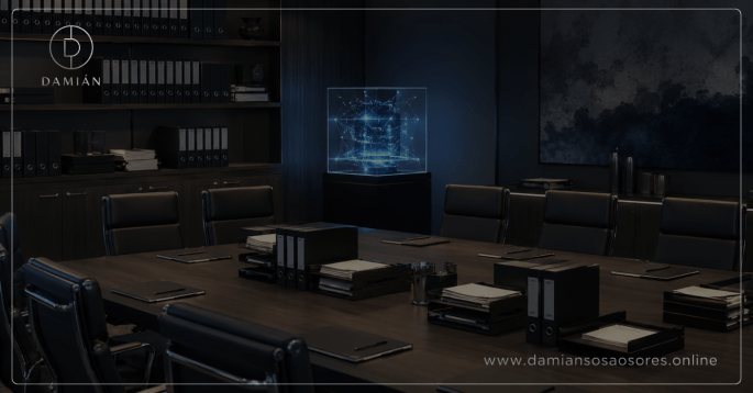 Sala de directorio vacía con una estructura tecnológica luminosa instalada en el centro, mientras la mesa, las carpetas, las sillas y los circuitos de trabajo permanecen intactos.