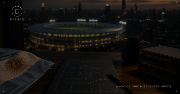 Mesa de trabajo junto a una ventana con una libreta de estrategia, una bandera argentina parcialmente plegada y un estadio desenfocado al atardecer, representando la preparación previa a una final sin anticipar el resultado.
