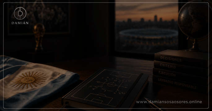 Bandera argentina plegada junto a una libreta de análisis futbolístico, con el estadio y la Copa del Mundo desenfocados al atardecer, representando la pausa necesaria antes de interpretar una derrota.