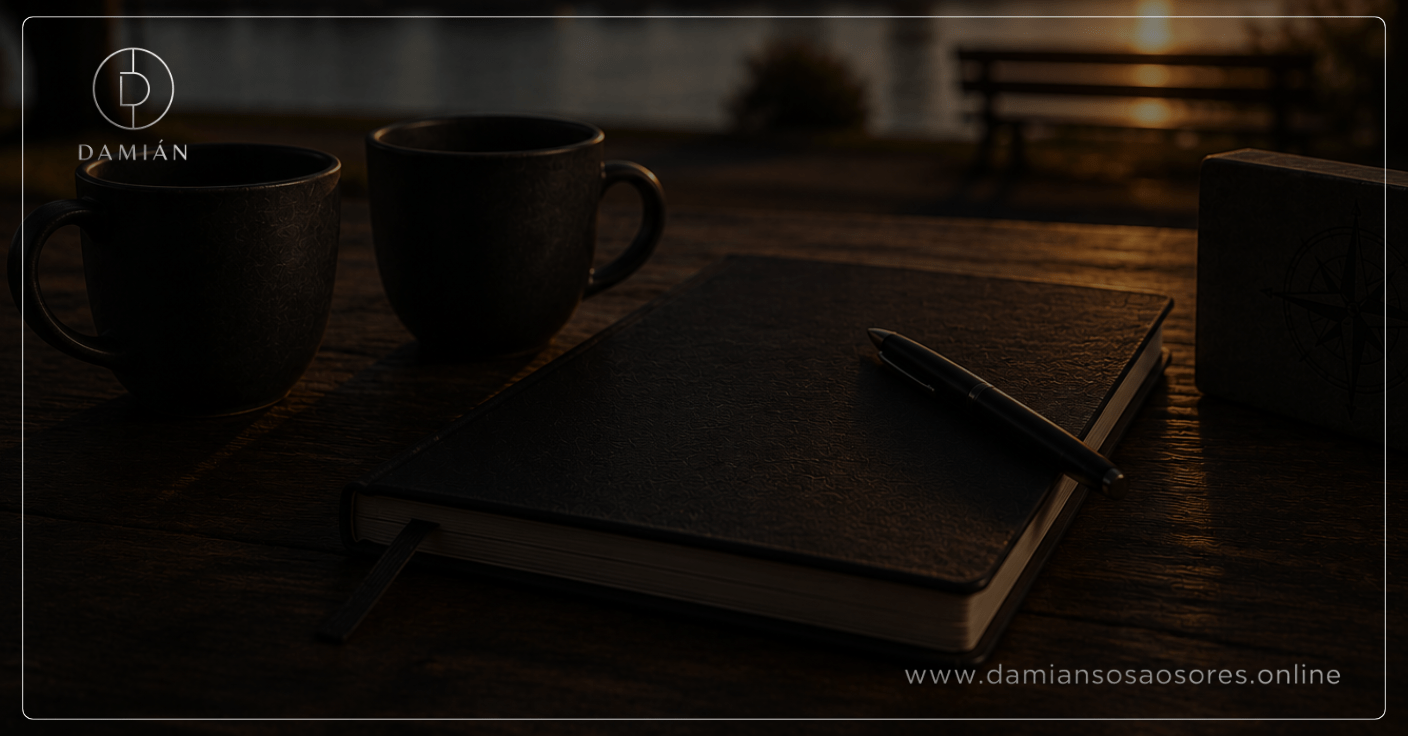 Dos tazas oscuras junto a un cuaderno cerrado y una brújula sobre una mesa de madera al atardecer, representando una conversación de confianza que acompaña una decisión sin reemplazar el criterio personal.
