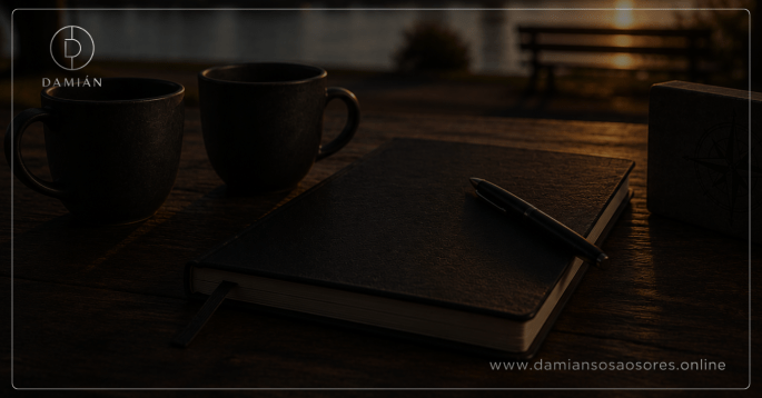 Dos tazas oscuras junto a un cuaderno cerrado y una brújula sobre una mesa de madera al atardecer, representando una conversación de confianza que acompaña una decisión sin reemplazar el criterio personal.
