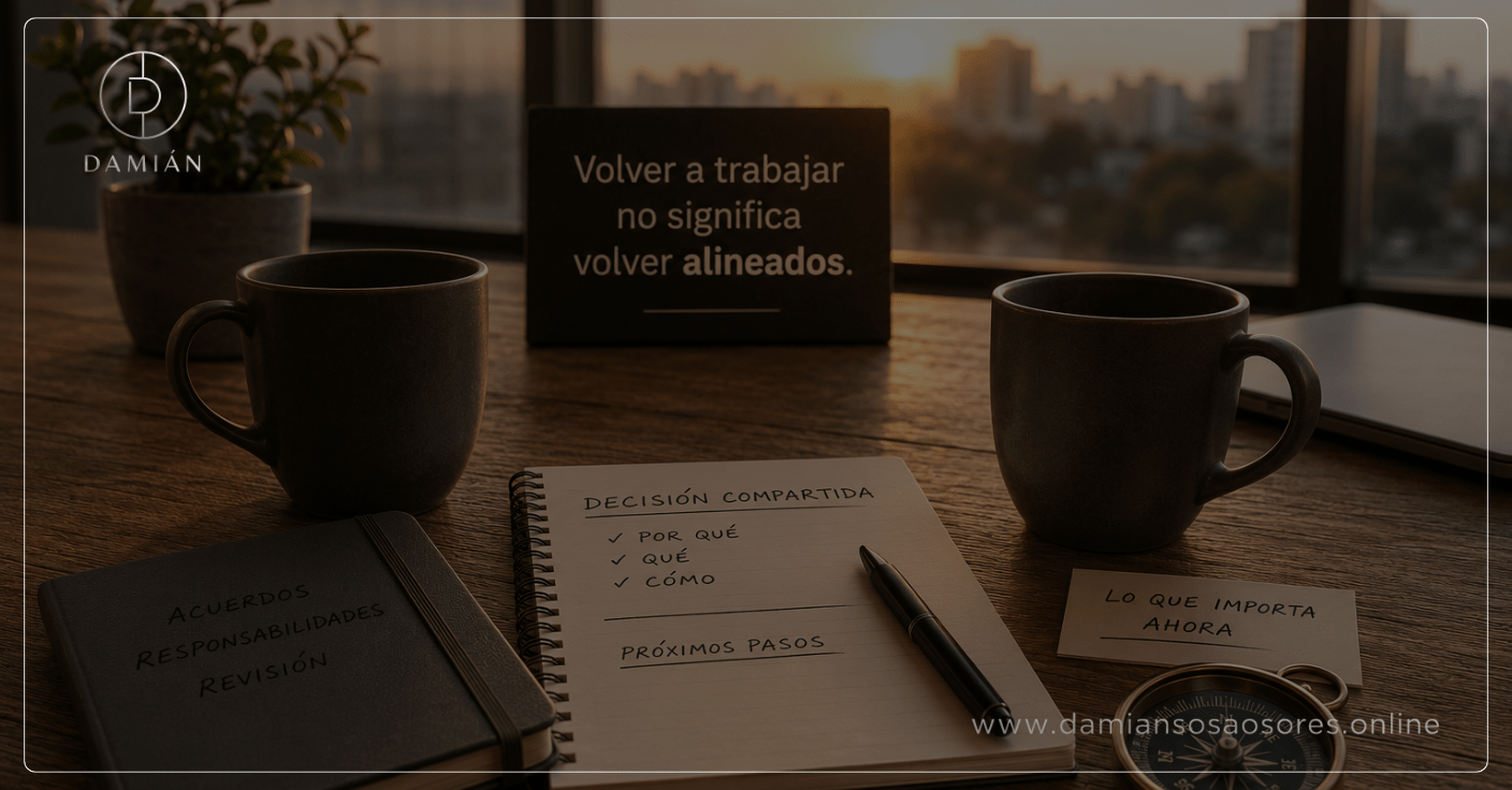 Mesa de trabajo con dos tazas, cuadernos, una brújula y notas sobre decisiones compartidas, frente a una ventana al atardecer, representando a un equipo que retoma la actividad sin haber recuperado una dirección común.