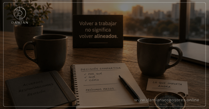 Mesa de trabajo con dos tazas, cuadernos, una brújula y notas sobre decisiones compartidas, frente a una ventana al atardecer, representando a un equipo que retoma la actividad sin haber recuperado una dirección común.