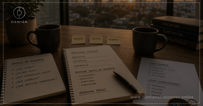 Mesa de trabajo con cuadernos de revisión, una hoja de criterios, notas sobre mantener, ajustar o reabrir y una brújula, representando la evaluación de qué cambió después de una decisión.