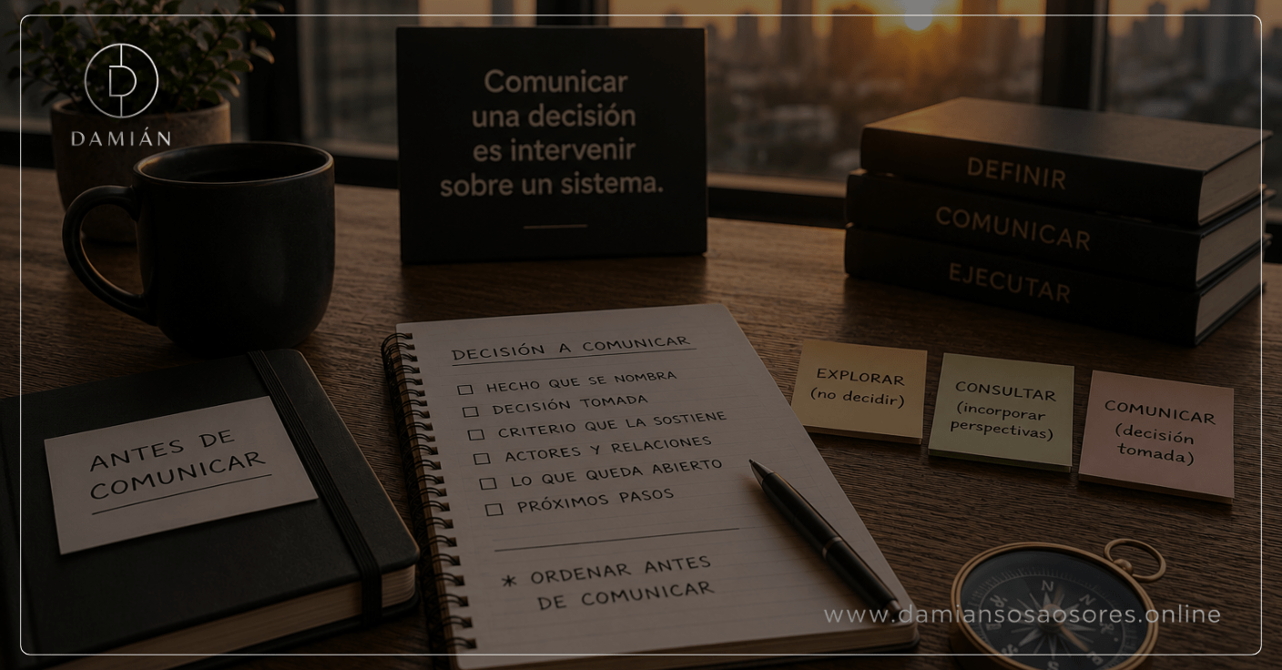Escritorio ejecutivo con una libreta de preparación, notas que distinguen explorar, consultar y comunicar, una brújula y libros, representando la necesidad de ordenar una decisión antes de anunciarla.