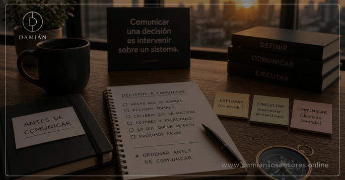 Escritorio ejecutivo con una libreta de preparación, notas que distinguen explorar, consultar y comunicar, una brújula y libros, representando la necesidad de ordenar una decisión antes de anunciarla.
