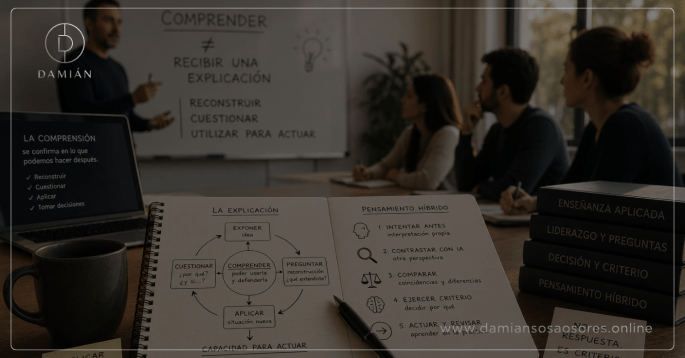 Aula contemporánea con una explicación en curso, cuadernos de trabajo, preguntas, esquemas de pensamiento híbrido y personas reconstruyendo una idea para poder aplicarla.