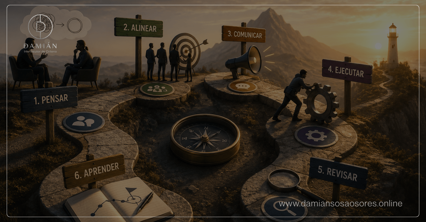 Recorrido metafórico entre montañas con seis estaciones —pensar, alinear, comunicar, ejecutar, revisar y aprender— conectadas por un camino que conduce hacia un faro.