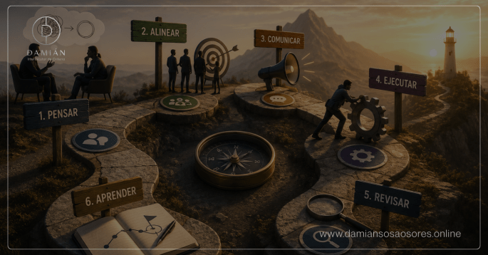 Recorrido metafórico entre montañas con seis estaciones —pensar, alinear, comunicar, ejecutar, revisar y aprender— conectadas por un camino que conduce hacia un faro.