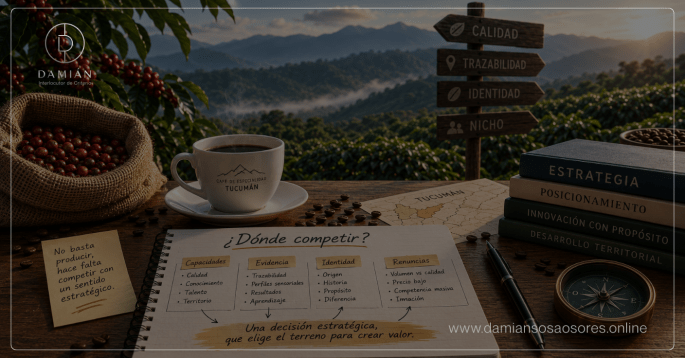 Mesa de trabajo frente a una plantación de café en las Yungas tucumanas, con cerezas, una taza, referencias a calidad, trazabilidad e identidad y un cuaderno para definir dónde competir.