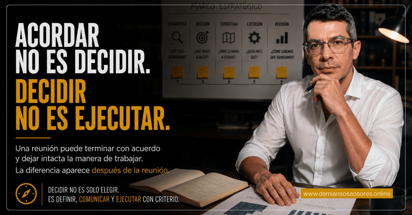 Portada de un artículo sobre toma de decisiones estratégicas. A la izquierda se lee en letras grandes: “Acordar no es decidir. Decidir no es ejecutar.” A la derecha aparece el Lic. Damián Sosa Osores, vestido con camisa blanca, sentado frente a un escritorio con documentos y un cuaderno, en actitud reflexiva. Al fondo se observa un tablero con un marco estratégico que incluye las etapas de diagnóstico, decisión, estrategia, ejecución y revisión.
